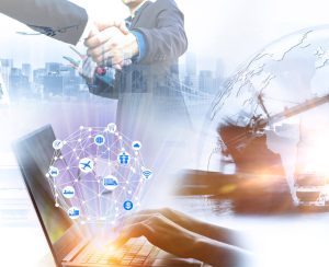 Smart technology concept with global logistics partnership Industrial Container Cargo freight ship